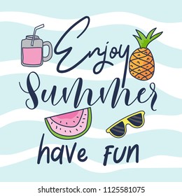 Set of cute pineapple, water melon, sun glasses and strawberry drink. Fun summer holidays cards. Hello summer hand drawn style vector illustration