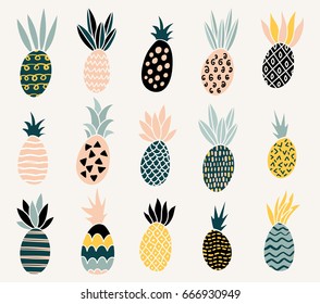 Set of of cute pineapples with different textures. 