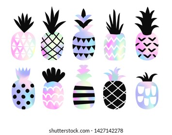 Set of cute pineapples with holographic texture. Creative stylish background, trendy gradient. Vector illustration 