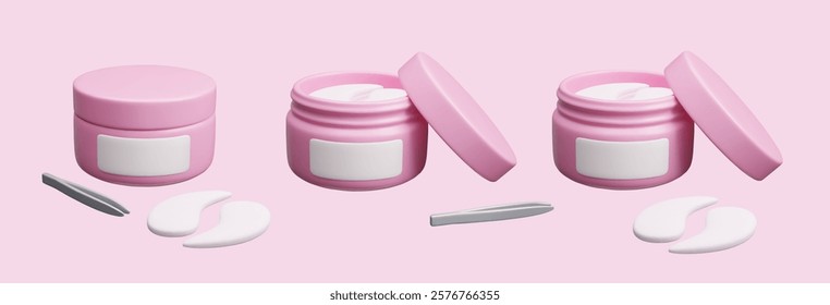 Set of cute pink 3D eye patches cosmetic products. Different hydrating eye patches packages: open and closed cream bottle containers. Korean anti aging makeup beauty skincare treatment 3D set.