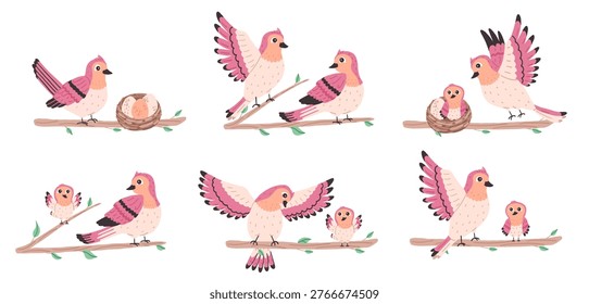 Set with cute pink bird, straw nest and eggs on branch. Simple illustration