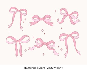 Set of cute pink bows with sparkles. Flat vector illustration for gift wrapping, baby shower, romantic decor, Valentine’s Day, stickers, or girly design projects.