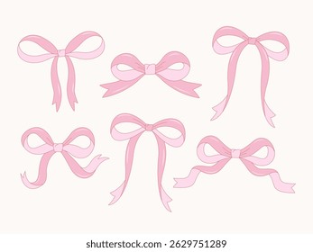 Set of cute pink bows with sparkles. Flat vector illustration for gift wrapping, baby shower, romantic decor, Valentine’s Day, stickers, or girly design projects.