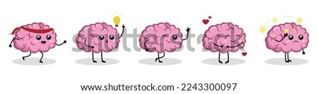 Set of cute pink brains in cartoon style. Vector illustration of the brain with different emotions: brain running, with light bulb, waving, in love, dizzy isolated on white background.