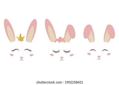 Set of cute pink bunny ears and faces, sleeping, smiling with decorations isolated on white background. Poster, print, fashion design element. Spring girlie design.