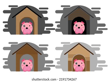 Set Of Cute Pink Cartoon Dog Sitting In Front Of Doghouse. Cartoon Dog House Vector 