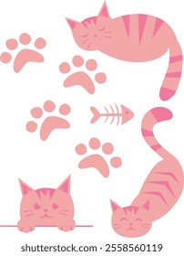 Set of cute pink cats and cat paw prints, illustration on the white background.