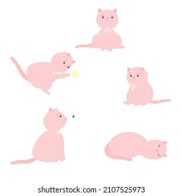 A set of cute pink cats in different poses. The cat looks, sleeps, plays, sits. Vector illustration isolated on white background..