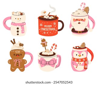 Set of cute Pink Christmas Mugs in shape of Santa Claus, gingerbread. Сacao with whipped cream, marshmallow and candies. Seasonal flavored products, cards for New Year or winter holidays. Vector flat