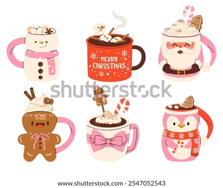 Set of cute Pink Christmas Mugs in shape of Santa Claus, gingerbread. Сacao with whipped cream, marshmallow and candies. Seasonal flavored products, cards for New Year or winter holidays. Vector flat