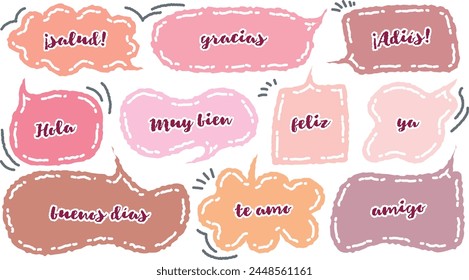 Set of cute pink color dialog box with positive word. Variety of hand draw with crayon speech bubble. Retro greeting memo doodle. Cartoon style message. Cheers, Thank you, Hello, Love, Best Friend.