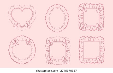 Set of cute pink coquette frames with bows and frills for decorative design elements