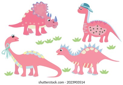 Set of cute pink dinosaur on colorful background. Vector illustration