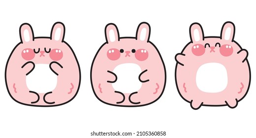 Set Of Cute Pink Fat Rabbit In Various Poses Cartoon.Animal Character Design.Collection.Kawaii.Vector.Illustration.