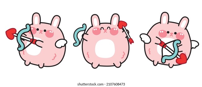 Set of cute pink fat rabbit cupid in various poses.Animal character design.Valentine's day.Love.Heart.Isolated.Art.Vector.Illustration.