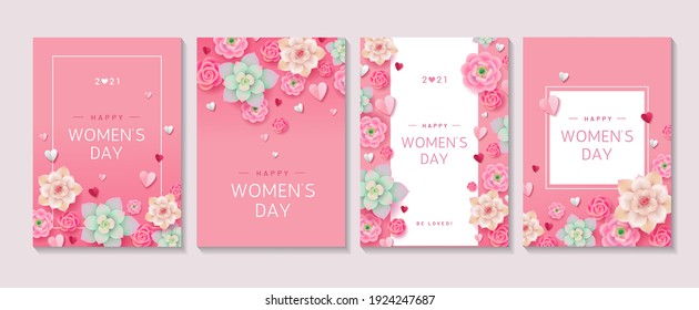 Set of cute pink floral posters for Women's Day 2021 holiday. Collection of different designs with flowers, hearts and text on pink background. 8 march greetings concept. - Vector illustration