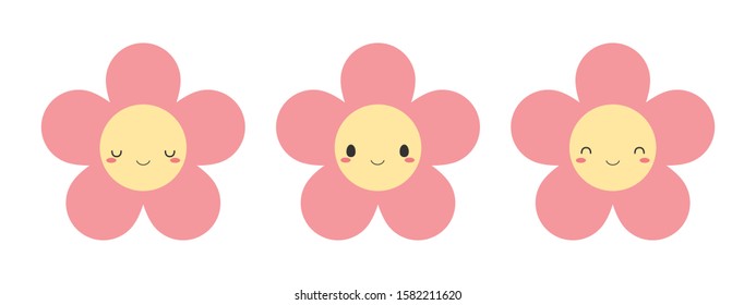 Set of cute pink flower icons. Flat vector illustration.