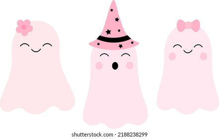 Set cute pink ghosts Halloween vector illustration