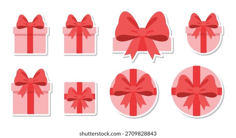 Set of cute pink gift box stickers, in square and round shapes, all tied with large, elegant red bows for presents.