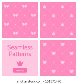 Set of cute pink girlish seamless patterns. Background with hearts, crowns, bows. Can be used to design children's clothing. Vector illustration. 