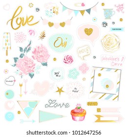 Set of cute pink and gold vector illustrations. Stickers pack for scrapbooking. Flowers, sunglasses, diamonds, sweet, hearts. Refined chipboard design.