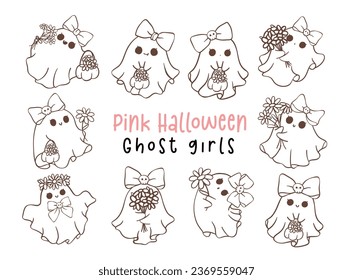 Set of cute pink Halloween ghost girl with flowers cartoon outline doodle illustration. Kawaii cartoon doodle is perfect for decorating your home, blog, or social media, Halloween greeting card