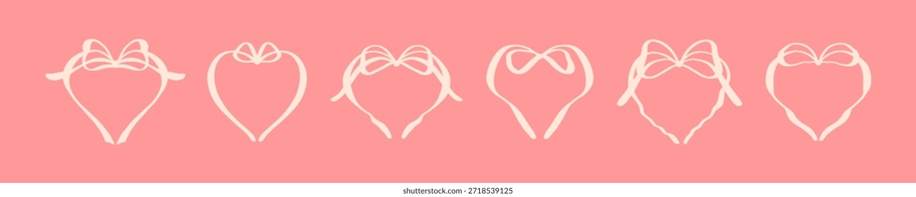 Conjunto de lindos marcos de corazón de cinta de lazo de filigrana delicada dibujada a mano rosa. Día de San Valentín romántico irregular forma orgánica borde del corazón. Elementos para la Boda, cumpleaños, despedida de soltera