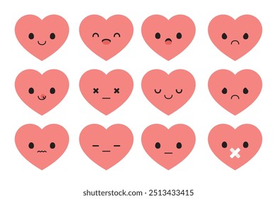 Set of cute pink heart cartoon characters. Flat design illustration.