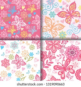 Set of cute pink heart patterns.  Endless texture for wallpaper, web page background, wrapping paper. Romantic collection of cute patterns.