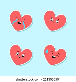 Set of cute pink hearts emoji. Cartoon emotional character sticker pack. Awkward, smiling, crying, surprised