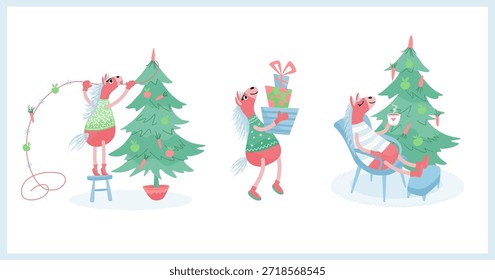 Conjunto de lindos caballos rosados haciendo divertidas actividades de invierno. Ilustración de vacaciones de Navidades de Vector plano para diseños estacionales y Elementos gráficos.
