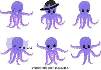 Set of cute pink humanized octopuses in different situations. Vector illustration.