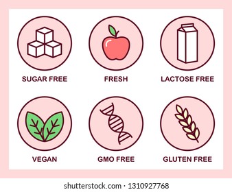 Set of cute pink icons: Sugar Free, Gluten Free, Vegan, Lactose Free, GMO Free, Fresh. 