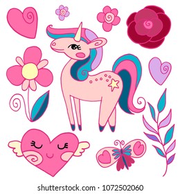 Set of cute, pink items for decoration with hearts, flowers, plants, unicorn and butterfly isolated on white background, vector illustration