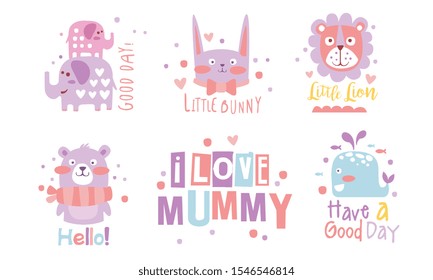 Set of cute pink and lilac animals. Vector illustration.