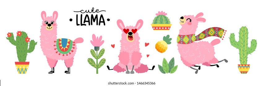 Conjunto de llamas rosas lindas con plantas y cactus. Colección vectorial de la Alpaca. Estilo dibujado a mano aislado en fondo blanco para libros para niños y niños, impresión, afiche, pegatinas, tela.