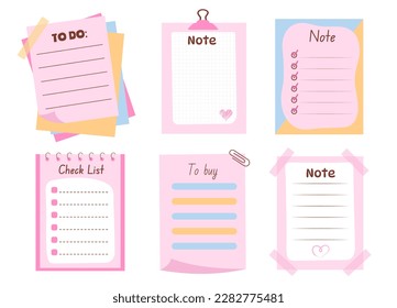 Set of cute pink memo paper sheets, sticky note, reminder, to do list.  Cool design for notebooks, planners.