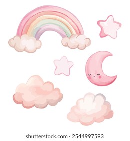 Set of cute pink moon, rainbow, stars, clouds, perfect for kids' room decor, nursery art, dreamy designs, and whimsical illustrations.