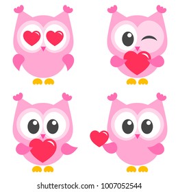 set of cute pink owls with hearts