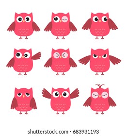 Set of cute pink owls with various emotions. Cartoon style vector collection of owls
