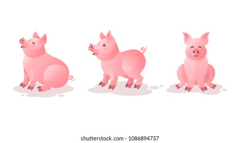 Set of cute pink pigs in various poses isolated on white background with shadow. Piglet characters sitting and standing for 2019 Chinese New Year. Vector illustration.