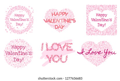 Set of cute pink postcards for Valentine Day. Circle shape, heart shape ornament. Isolated editable vector clip art on white background