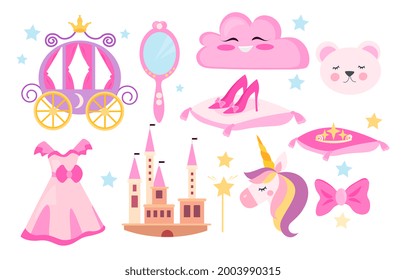 Set of cute pink princess icons on white background. Poster with unicorn, castle, crown, flamingo, girls dress, rainbow and carriage. Flat cartoon vector illustration