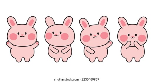Set of cute pink rabbit in various poses on white background.Animal character cartoon design.Image for card,poster,sticker.Kawaii.Vector.Illustration.