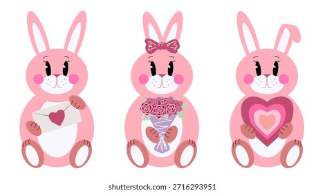 Conjunto de conejos rosados lindos aislados sobre fondo blanco. Conejitos de dibujos animados para Tarjetas de regalo.