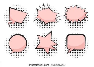 Set of cute pink retro comic speech bubbles with black halftone shadow in pop art style. Peach color outline message balloons for comics book or advertising text, web and banner design