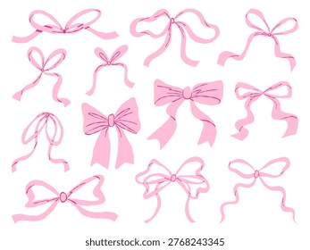 Set of cute pink ribbon bows in hand drawn style. Perfect for feminine design, beauty branding, wedding, gifts, and decorative elements.