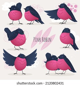 A set of cute pink robin birds on light background in flat style. Cartoon hand drawn vector illustrations