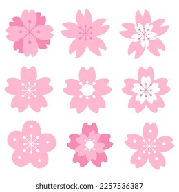 Set of cute pink sakura flower icon. Cherry blossom collection. Vector illustration.