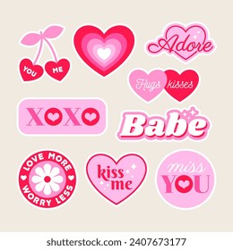 Set of cute pink stickers and badges design for valentine’s day.